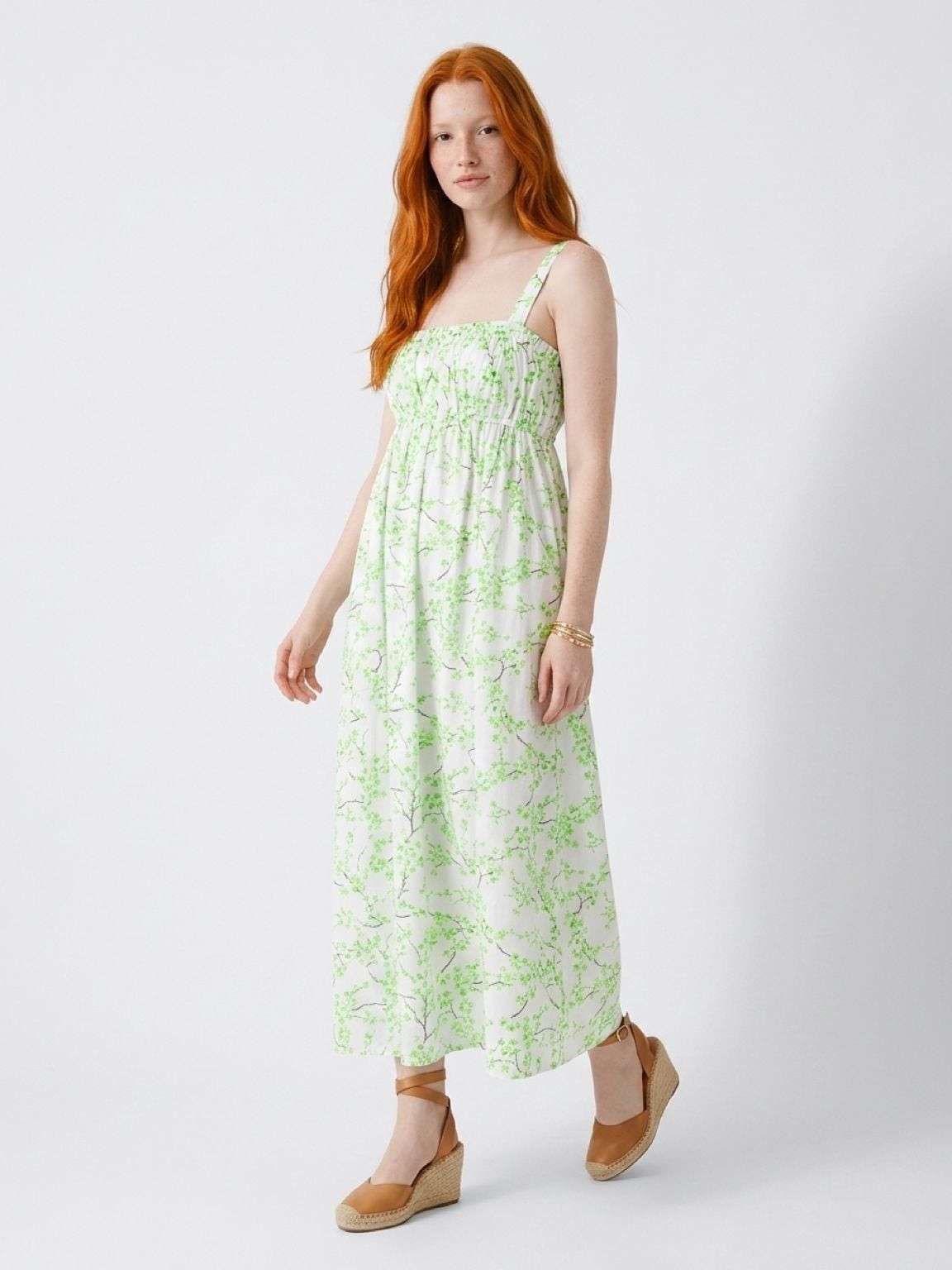 J. Crew Gathered Tank Midi Dress in Lime Cherry Blossoms Women's Size 8