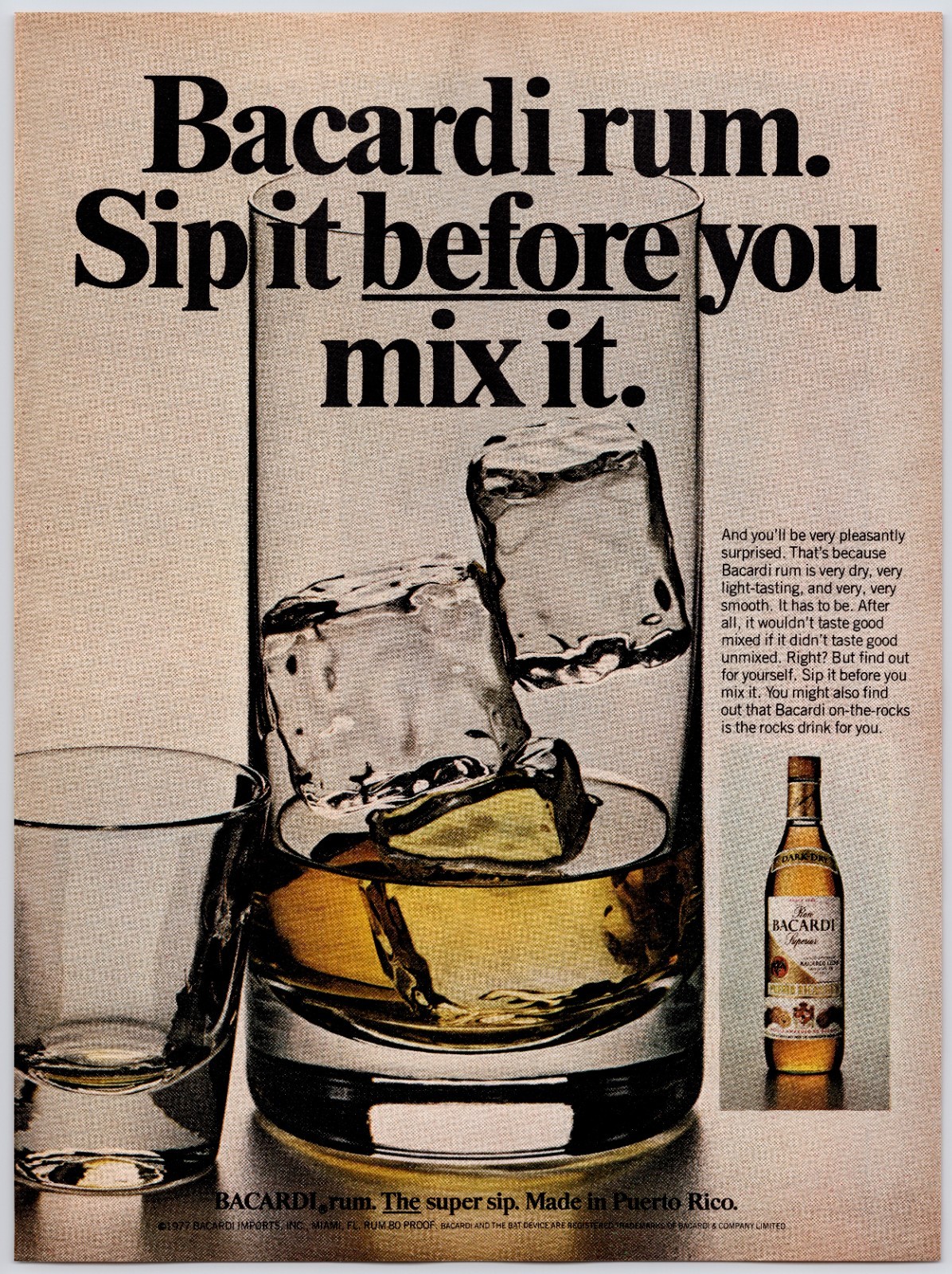 Bacardi Rum Super Sip Puerto Rico Home Bar Wall Art Liquor Vintage Print Ad 70s
