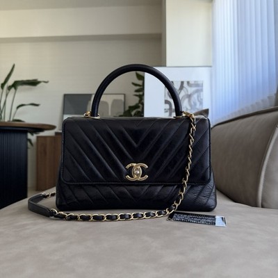 CHANEL Coco Handle S V Stitch Chevron Black Calfskin Leather Chain Shoulder Bag