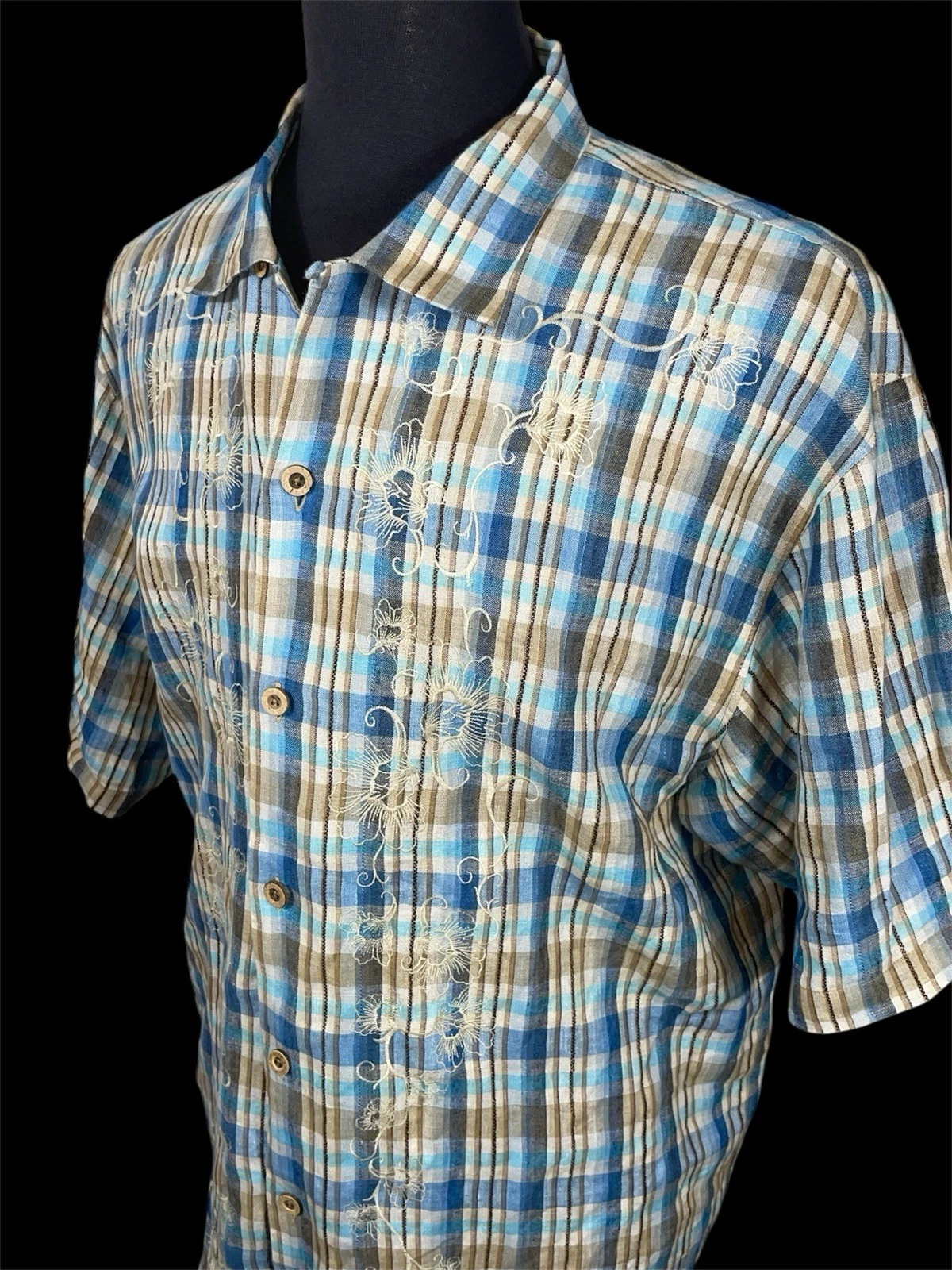SUMMER READY TOMMY BAHAMA EMBROIDERED LINEN SHORT SLEEVE BUTTON FRONT SHIRT SZ L