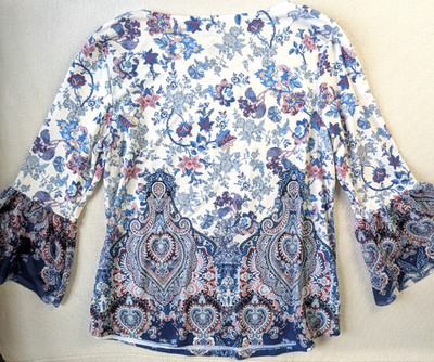 Croft & Barrow Top Women s PM Petite Medium Blue Floral 3/4 Sleeve Stretch