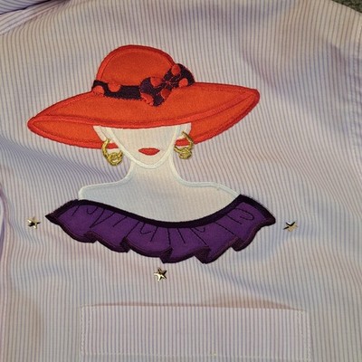 Las Olas Shirt Womens Large White Purple Pin Stripes Red Hat Embroidery