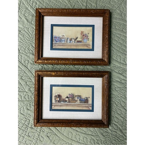 Pair of Framed Kitchen Still Life Prints - Blue & Gold Accents