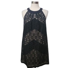Maggy London Womens Dress 12 Black Lace COCKTAIL Overlay Tan Lined Sleeveless 
