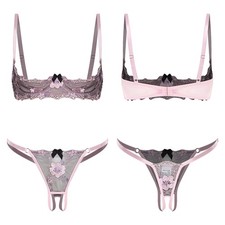 Women Floral Patterned Lace Lingerie Set With Push Up Cups Bra And Thong Panties