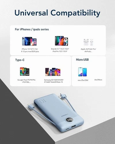 Portable Charger Built-in Cables and AC Wall Plug, USB C Power Bank 10000mAh image 4