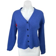 Cider Women's Blue Ribbed Knit Long Sleeve Button Down Cardigan Sweater Top Sz L