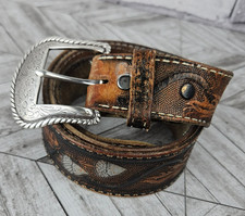 VINTAGE WESTERN BELT Brown Leather Mens M COWBOY Silver Tone Buckle Acorn Design