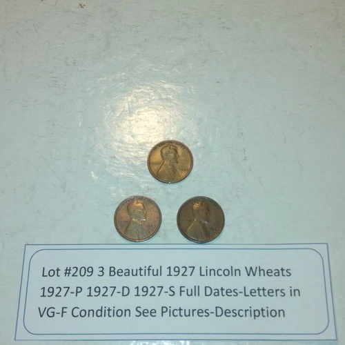 Lot #209 3 Beautiful 1927 Lincoln Wheats 1927-P 1927-D 1927-S VG-F See Pictures