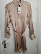 ZARA CAVA ABITO CAMICIA RASO DORATO COLLETTO CINTURA UK 12
