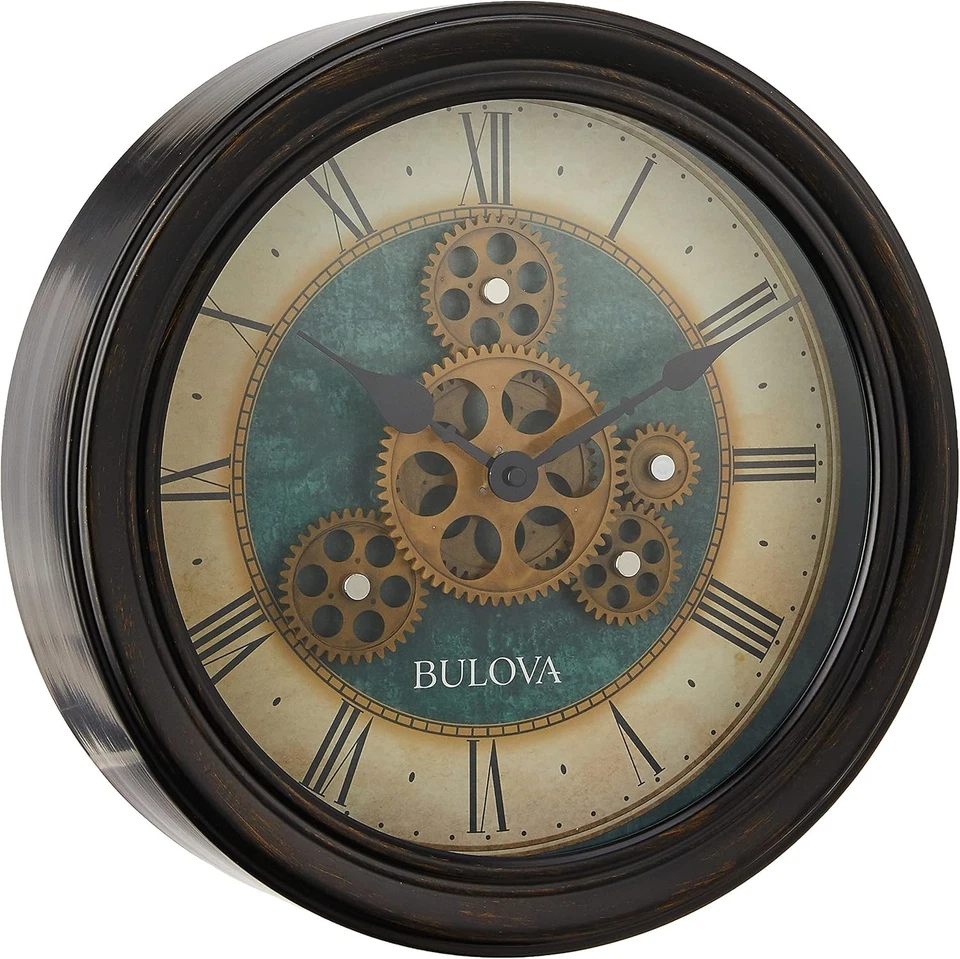 Round 12.8" Bronze-Gear Wall Clock with Aged Green Dial and Roman Numerals - Image 3 of 4