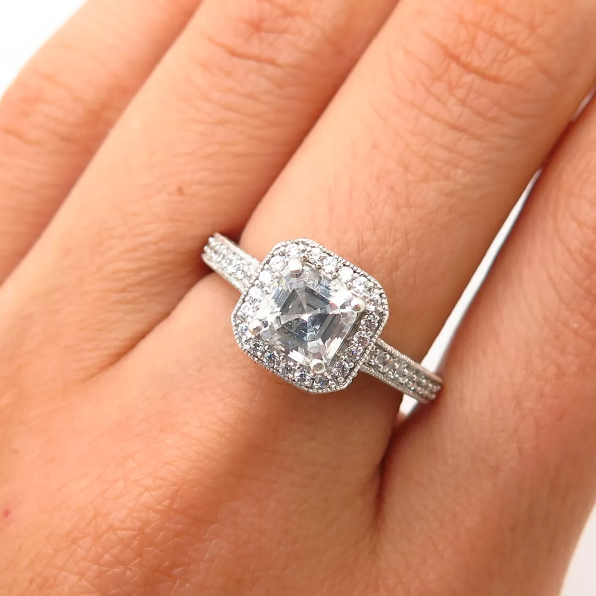 925 Sterling Silver C Z Square Design Engagement Ring Size 7