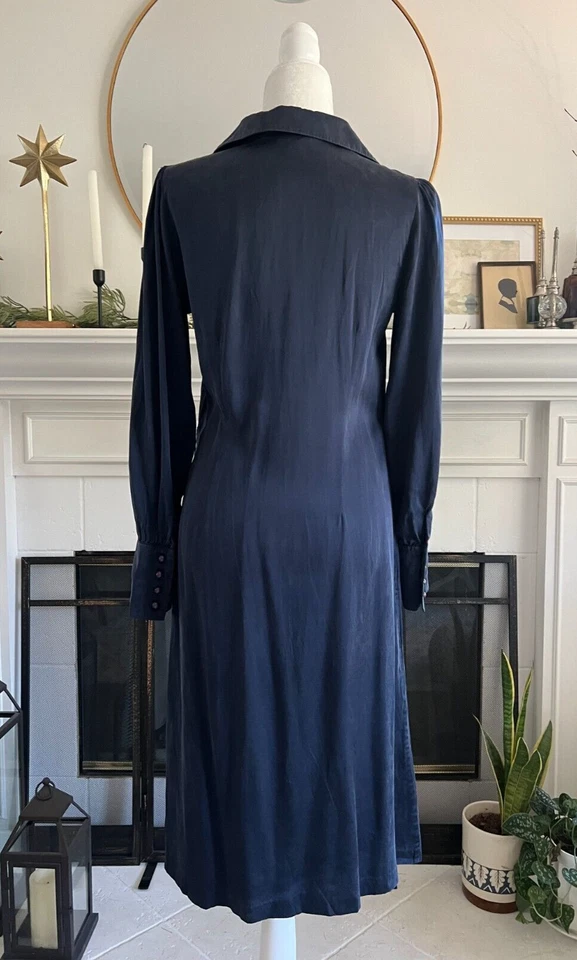 Vestido camisero de seda rosa tartán para mujer talla S mangas largas azul marino clásico Foto 3 de 4