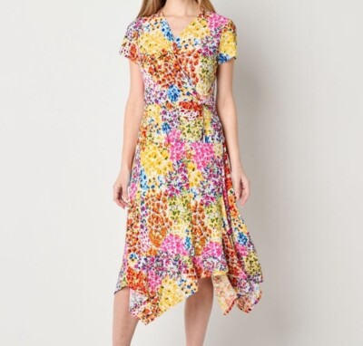 Perceptions NY Dress short sleeve floral midi fit & flare Faux Wrap Knot  Waist M | eBay