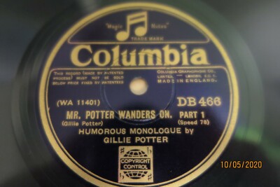VINTAGE 78 rpm RECORD - GILLIE POTTER - MR. POTTER WANDERS ON - COLUMBIA DB 466