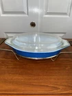 Vintage Pyrex  Bright Blue 1 1/2 Qt Divided Casserole w/Clear Pyrex Lid & Holder