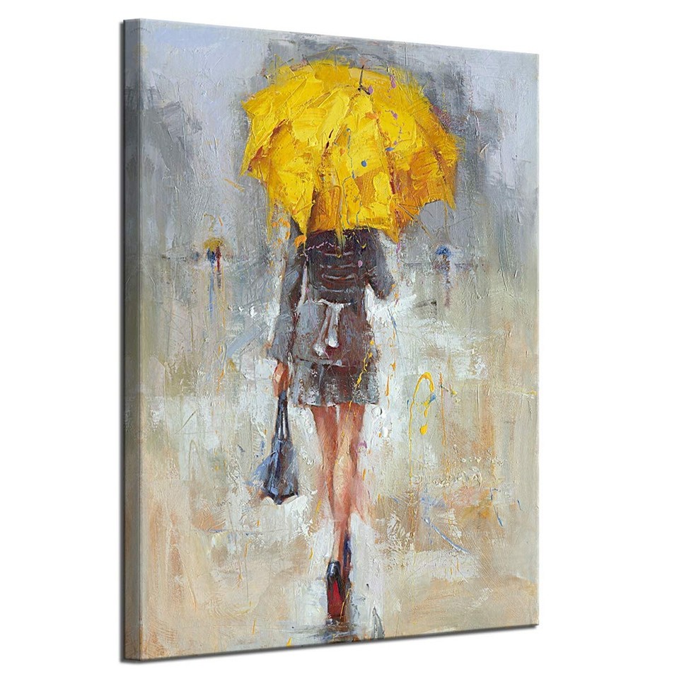 Abstract Canvas Painting A Rainy Walk Girl with Yellow Umbrella Wall