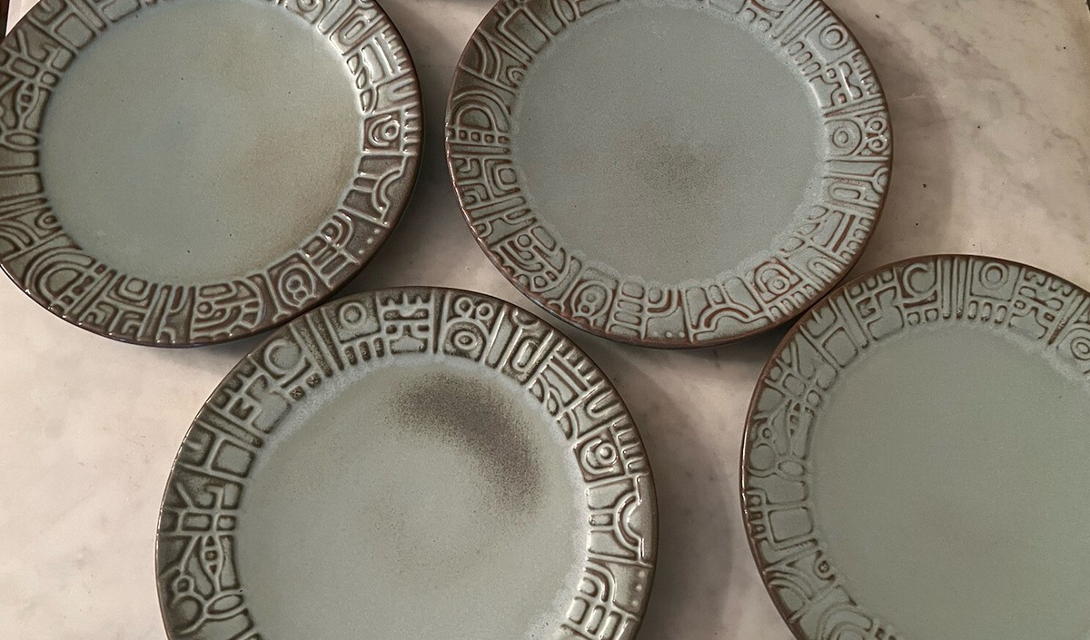 Set of 4 Vintage Frankoma Pottery Salad Plates 7G Mayan Aztec