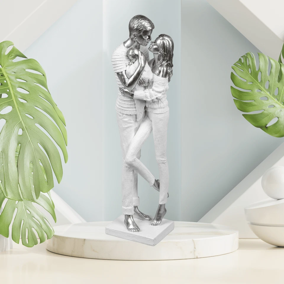 Moderne Skulptur Dekofigur Büste Familie auf Sockel weiß/Silber Höhe 46 cm - Bild 2 von 4