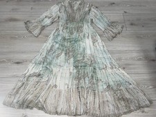 Boho Long Flared Dress Gold Metallic Stripes Pale Green Size Medium BNWT