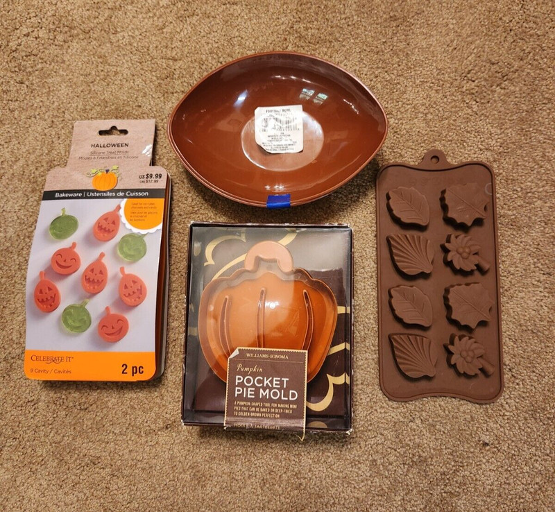 CHOCOLATE MOLDS, PIE POCKET MOLD, FOOTBALL BOWLS,  HALLOWEEN FALL 6 PC LOT