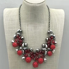 Neckalce Womens Statement Red Silver Tone Beaded Bib Black Gunmetal Chain 20"