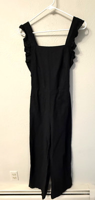 Lykke Wullf size S black wide leg jumpsuit ruffle patch pocket tie great