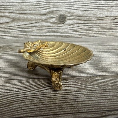 Vintage Heavy Brass Sea Shell Trinket Dish Footed Hollywood Regency Catchall