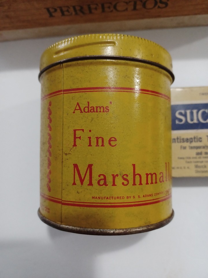 Vintage Items - Marshmallow Can snake joke, Box, and Sucrets Tin, 3 as shown