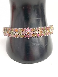 925 Sterling Silver Bangle Multicolour Stones Flower Design 24.76g Spare Repair