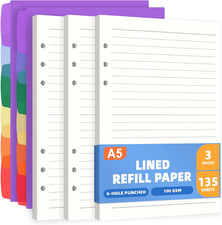 A5 Lined Refill Paper 6 Hole Planner Inserts for A5 6 Ring Binder, 135 Sheets Wi