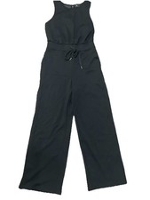 Black Sleeveless Wide-Leg Jumpsuit M Drawstring Waist Pockets Stretch