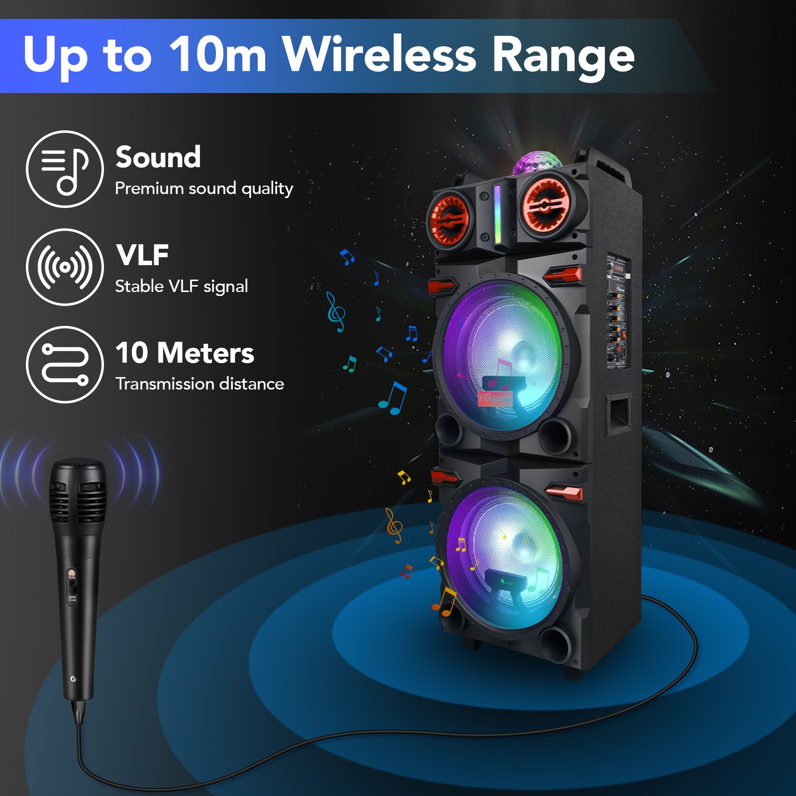 9000W Dual 10'' Bluetooth Speaker Subwoofer Heavy Bass Sound System Party w/ Mic