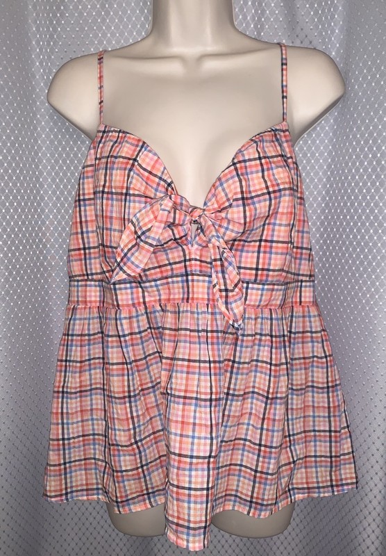 Ann Taylor LOFT Pink Plaid Smocked Bow Tank Cami Top L