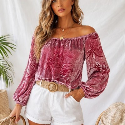 Sisley Velvet Burnout Boho Top Womens M Pink Purple Ombre Floral Resort Italy