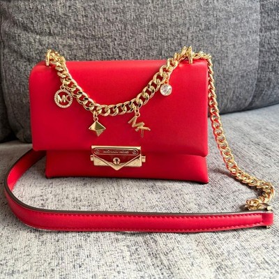 MICHAEL KORS Cece Chain Shoulder Bag Genuine Leather Red Gold Charm Authentic