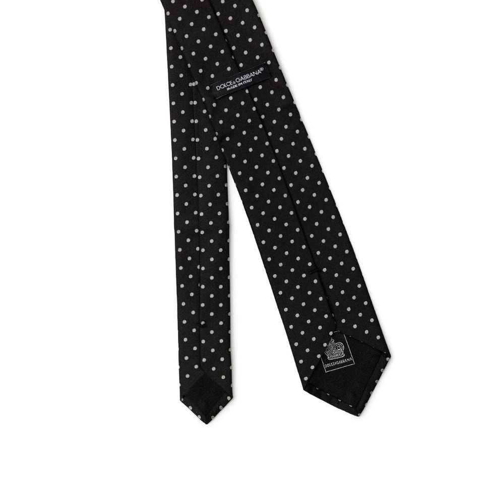 Dolce&Gabbana Men Black Cravat 100% Silk Polka Dots Print Adjustable Pointed Tie - Image 2 of 4
