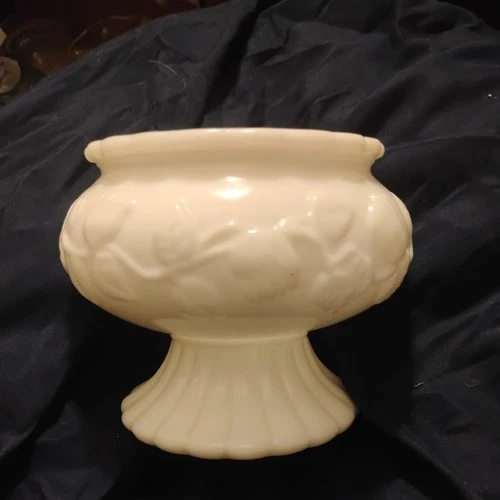 Vtg 1960s Anchor Hocking Milk Glass Ivy Rose Floral Pedestal Bowl Planter Vase