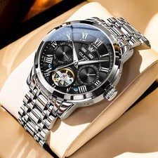 OLEVS 6668 Men's Automatic Watch Skeleton Black Dial Stainless Steel Waterproof