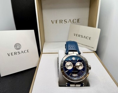 Versace Aion VE1D02623 Chronograph Swiss Quartz 45mm Blue Dial Leather NIB