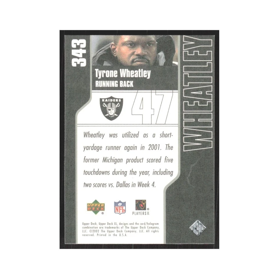 2002 Upper Deck XL Tyrone Wheatley Raiders #343 - Image 2 of 3