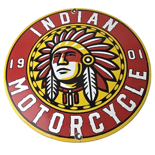 Vintage Indian Porcelain Sign - Chief Headdress Motorcycle Logo Sign