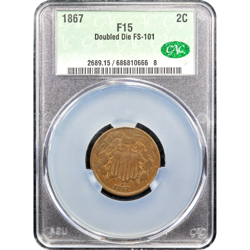 1867 Two Cents 2c Doubled Die CACG F15 BN CAC - Image 2 of 4