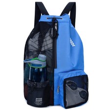 Mesh Swim Bag, Drawstring Beach Backpack L,Navy Blue