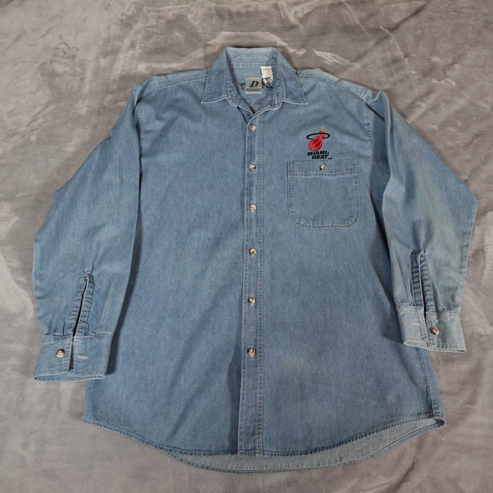 Vintage Dynasty Miami Heat Chambray Denim Shirt Mens M Tall Fit (Estimated) 90s - Image 2 of 4