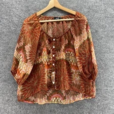 A New Approach Blouse Women M Medium Brown Geometric 3/4 Sleeve Button Up Casual