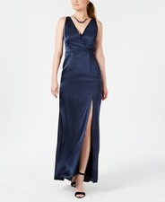 $244 Adrianna Papell Women Blue Satin V-Neck Sleeveless Gown Formal Dress Size 6