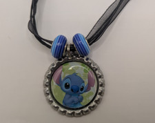 Lilo Stitch Black Ribbon Bottle Cap Bling Charm Necklace w/ Blue Striped Beads