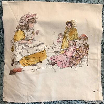 Vintage pillow panel of girl reading to dolls, by Daisy Kingdom