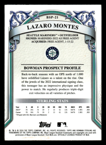 2024 Bowman Sterling BSP-21 Lazaro Montes Mariners Prospect - Picture 2 of 2